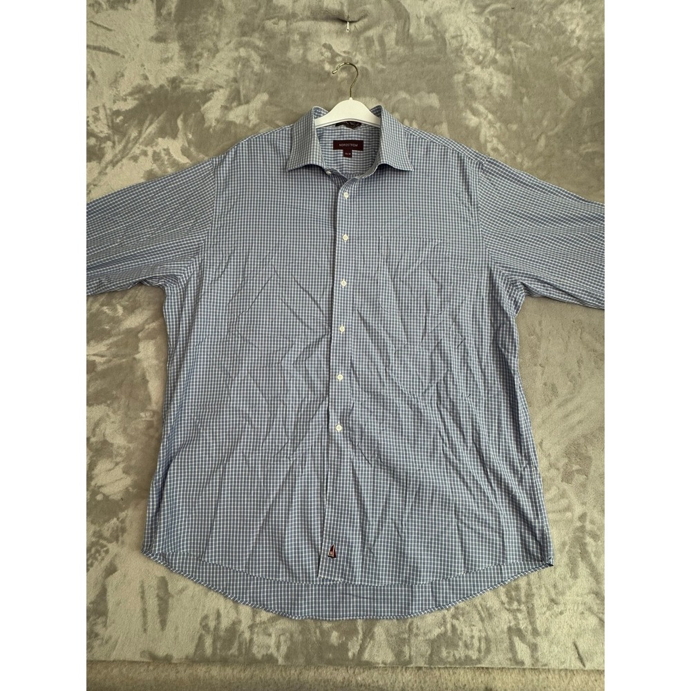 Nordstrom Mens Blue White Gingham Check Dress Shirt 17.5 34 Wrinkle Free Cotton